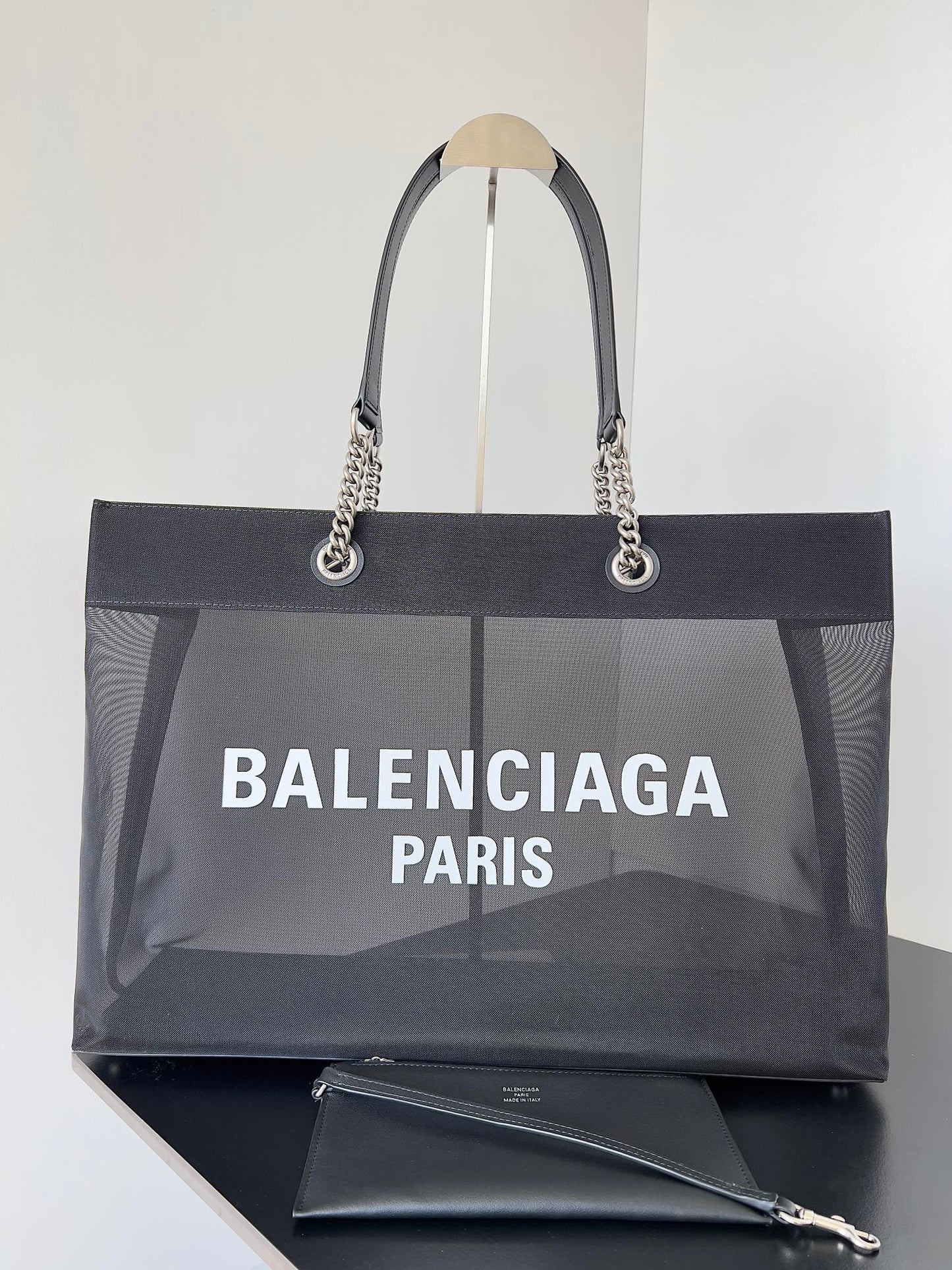 Black Mesh Tote Bag with Chain Handles & Pouch