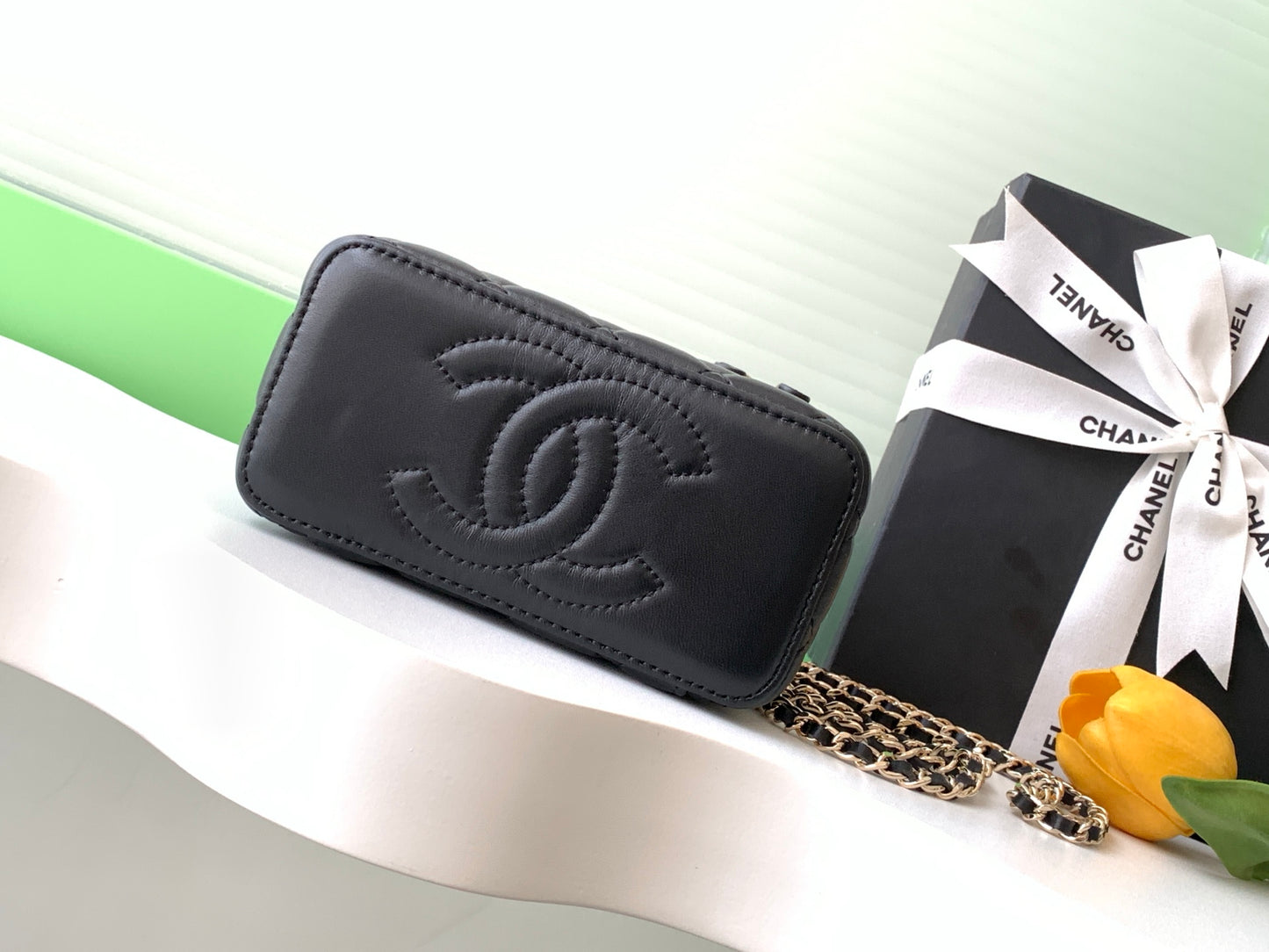 Black Quilted Mini Crossbody Bag with Chain Strap & Mirror