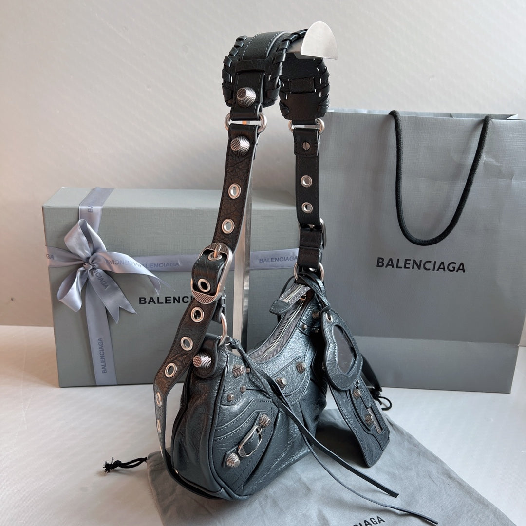 Black Studded Shoulder Bag with Heart Mirror Charm