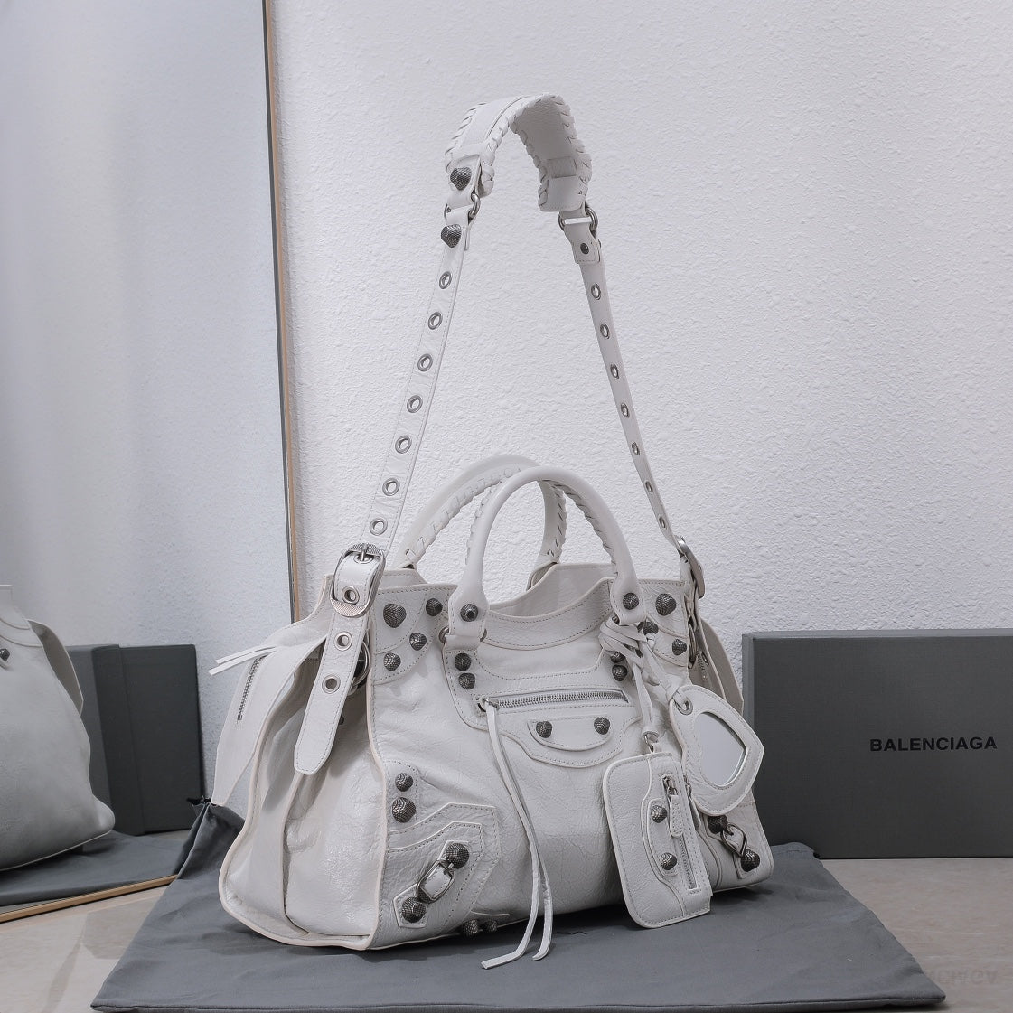 Balenci White Studded Shoulder Bag with Heart Mirror Charm