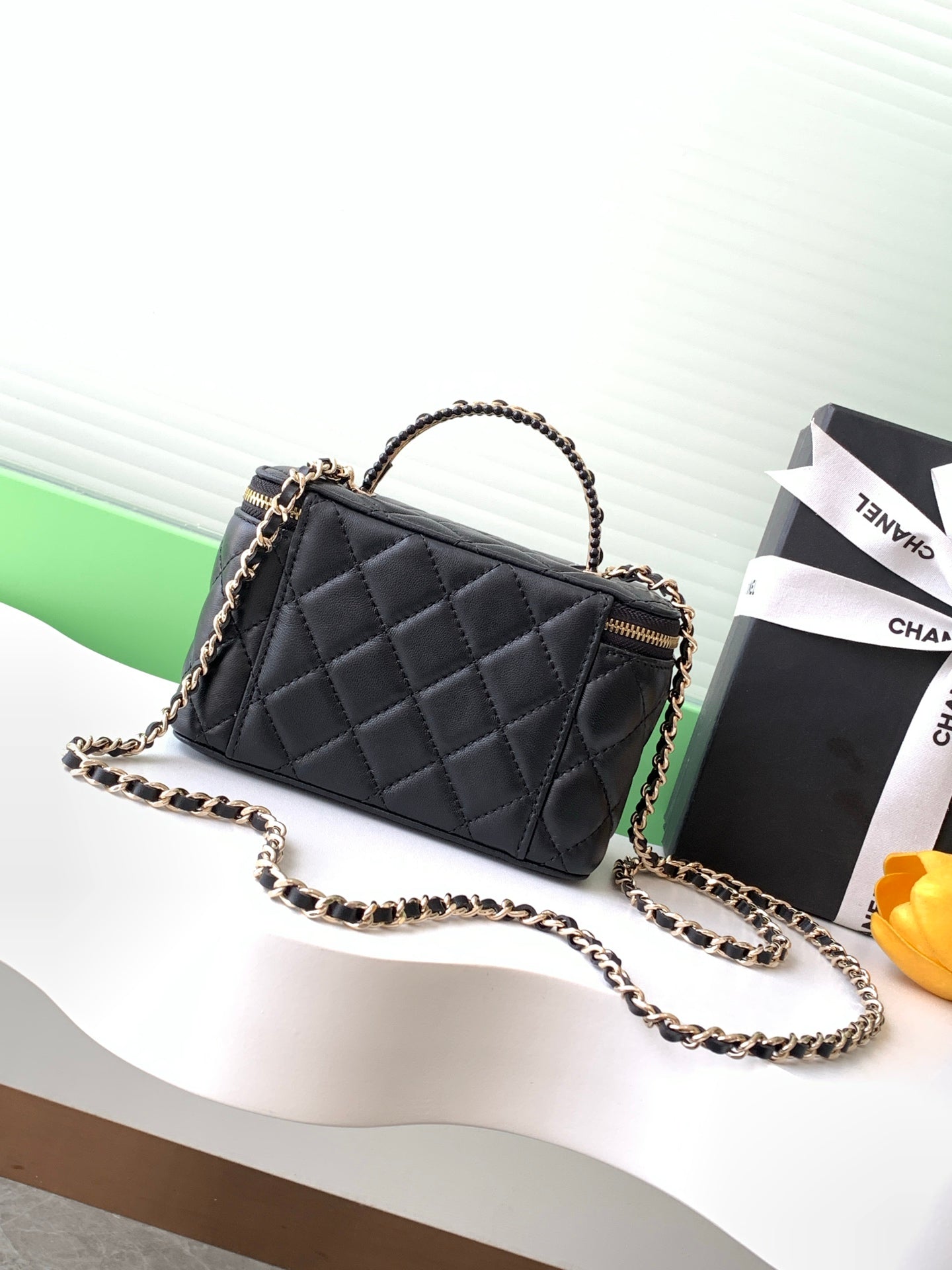 Black Quilted Mini Crossbody Bag with Chain Strap & Mirror