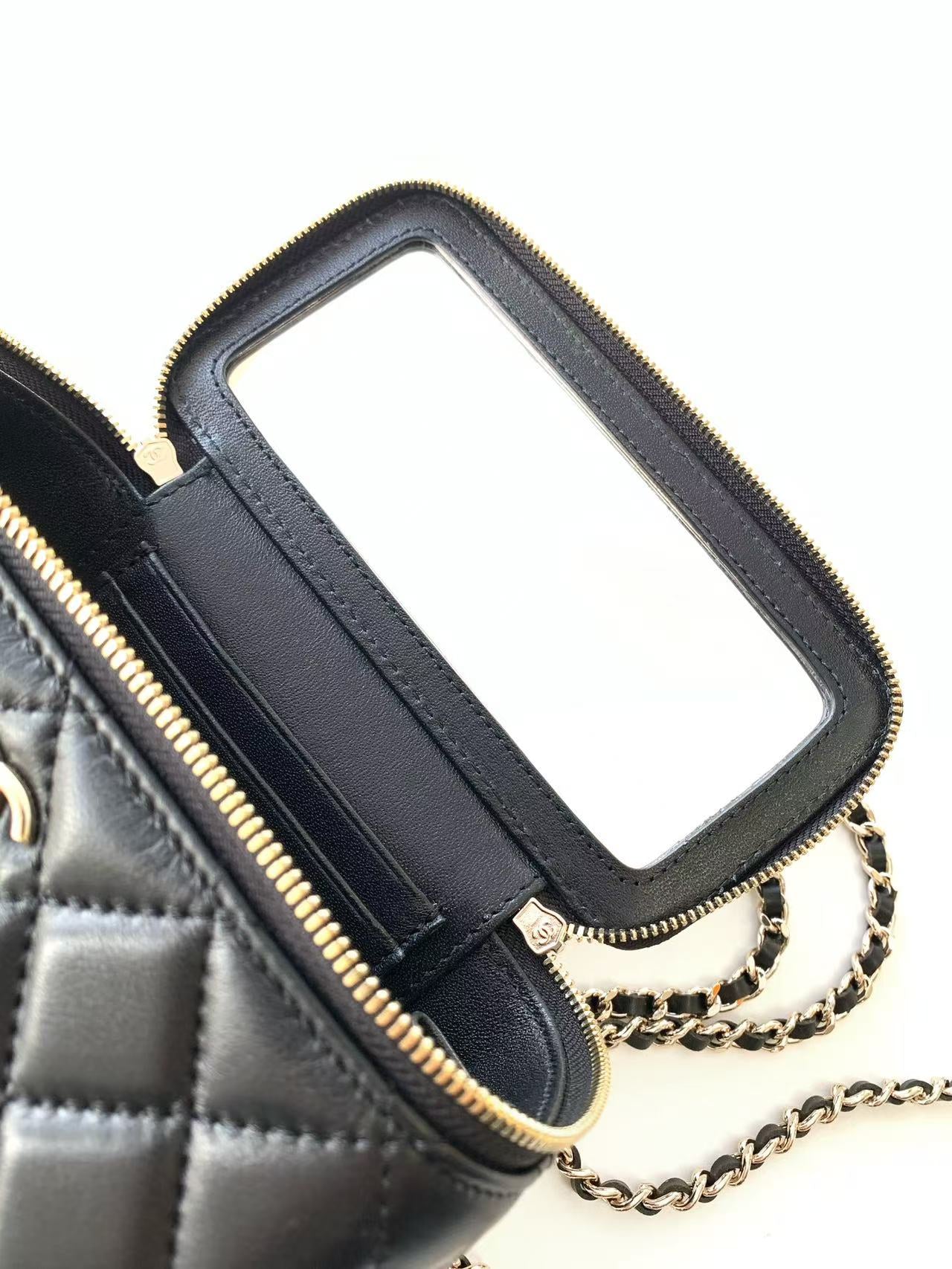 Black Quilted Mini Crossbody Bag with Chain Strap & Mirror