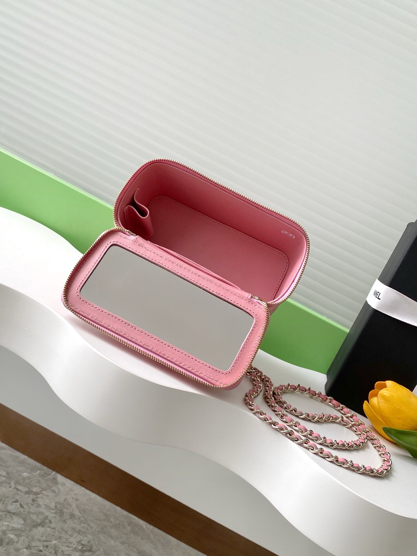 Pink Quilted Mini Crossbody Bag with Chain Strap & Mirror
