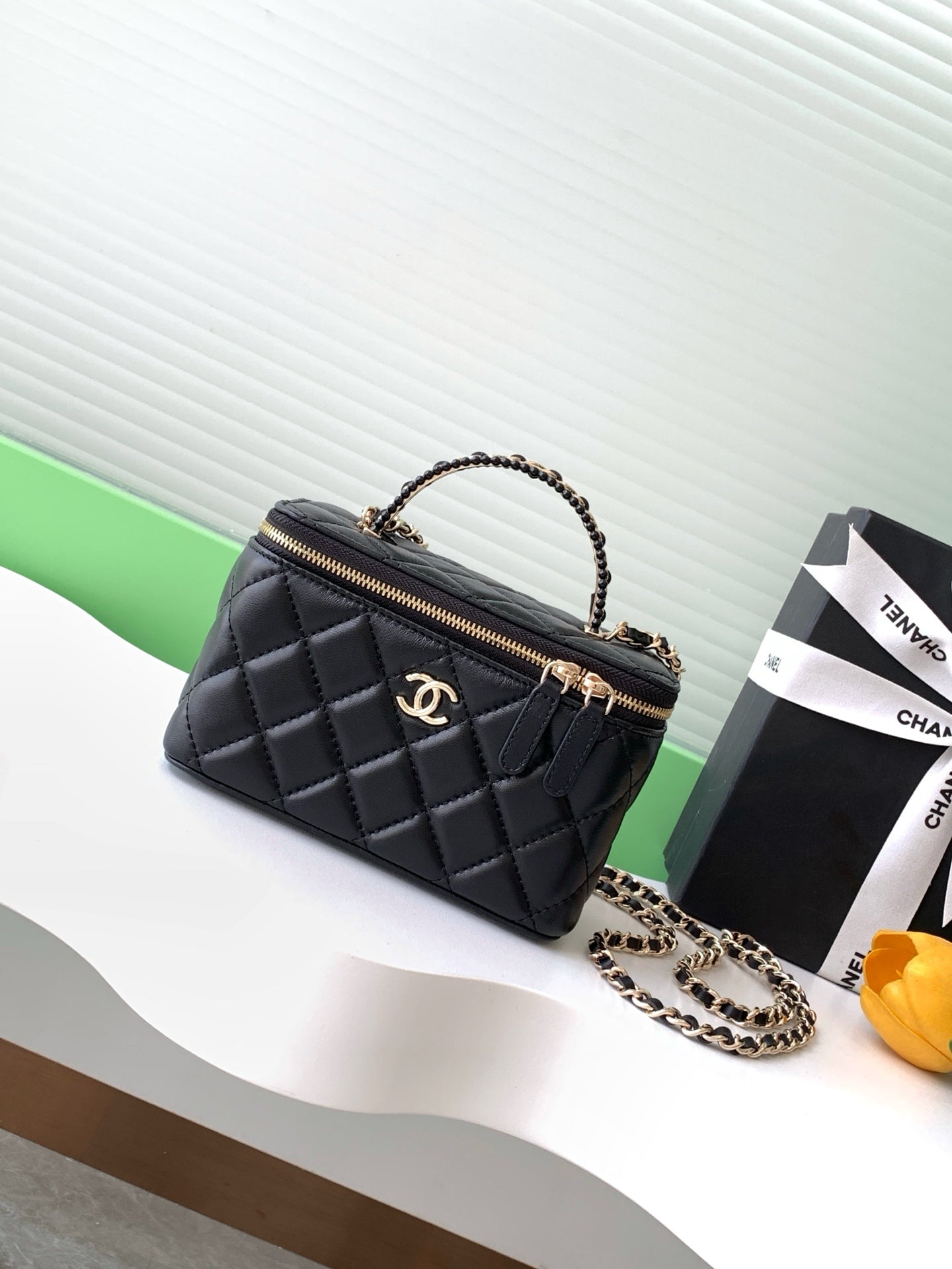 Black Quilted Mini Crossbody Bag with Chain Strap & Mirror