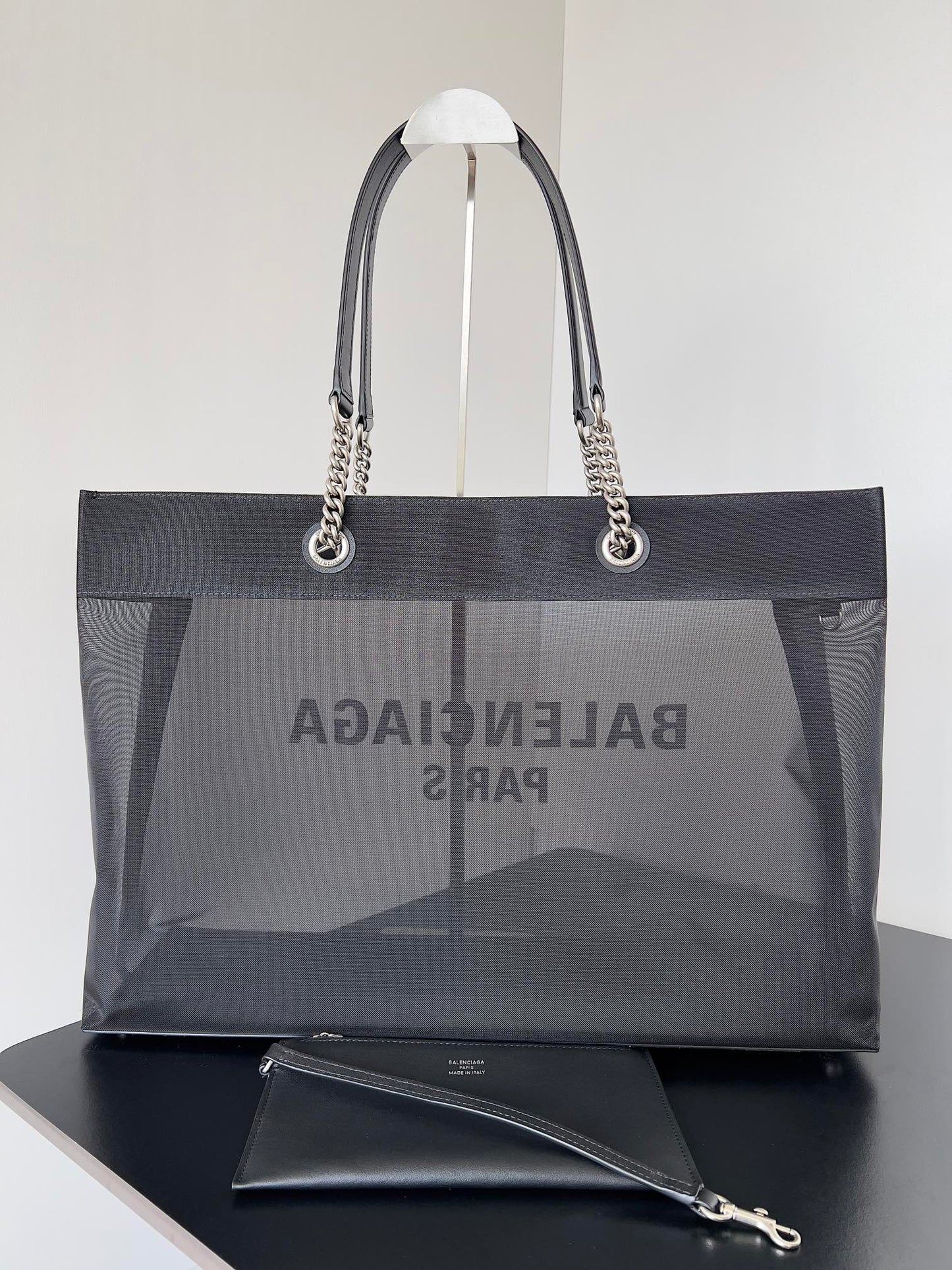 Black Mesh Tote Bag with Chain Handles & Pouch
