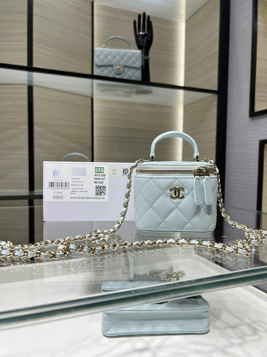 Mini Light Blue Quilted Crossbody Bag with Chain Strap