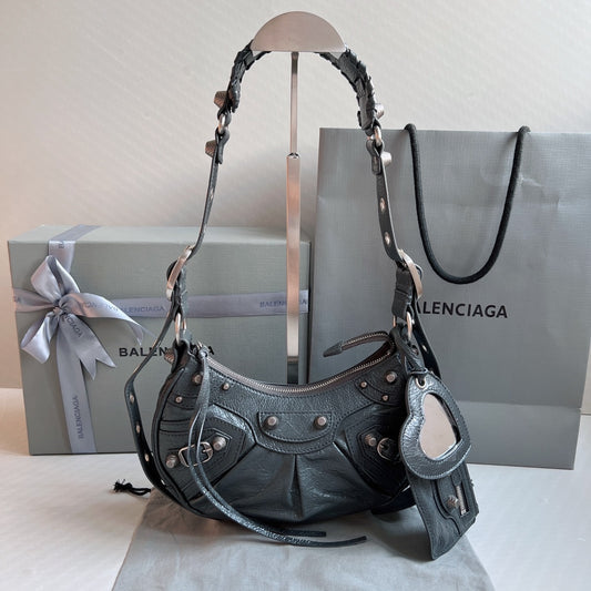 Black Studded Shoulder Bag with Heart Mirror Charm