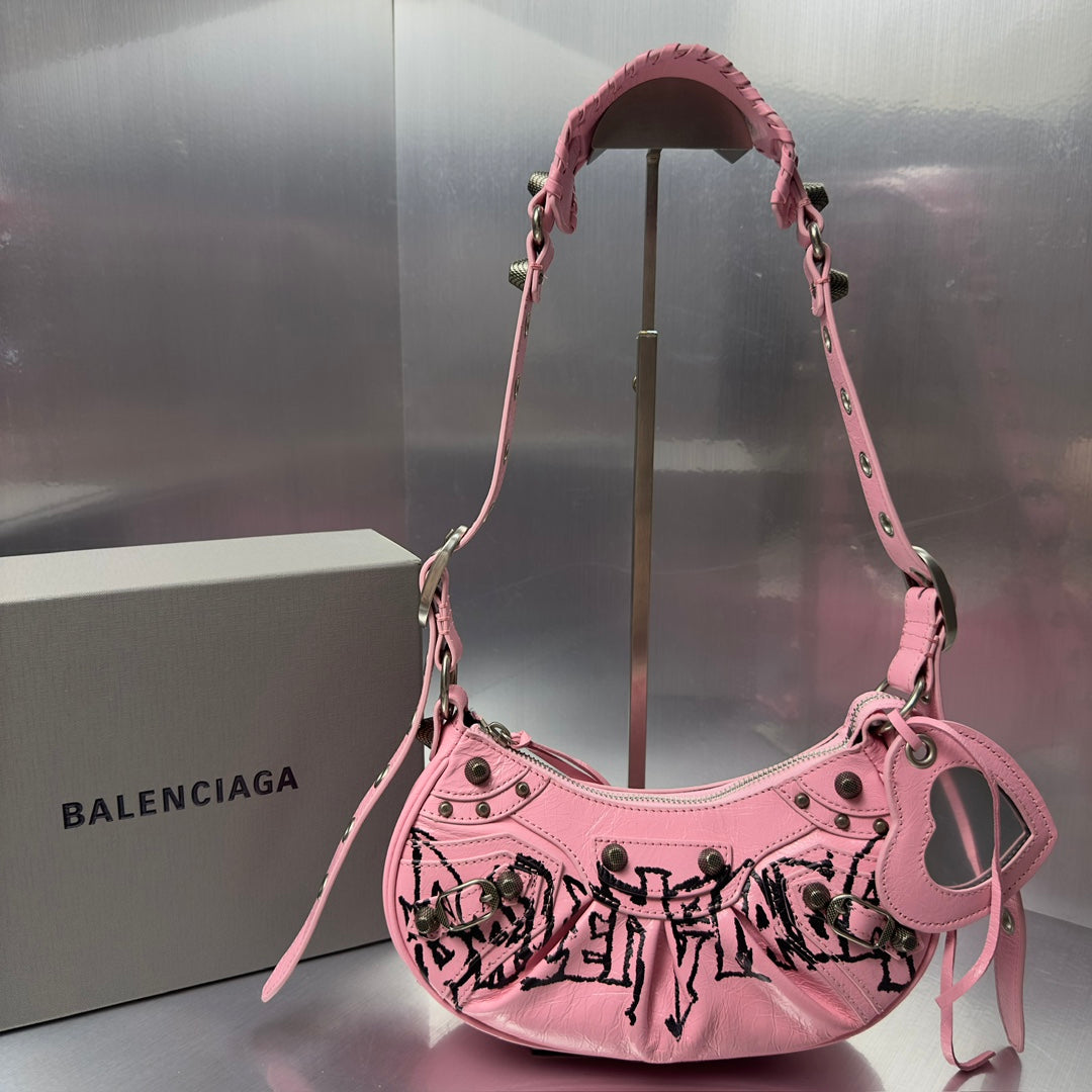 Pink Graffiti-Style Shoulder Bag with Heart Charm
