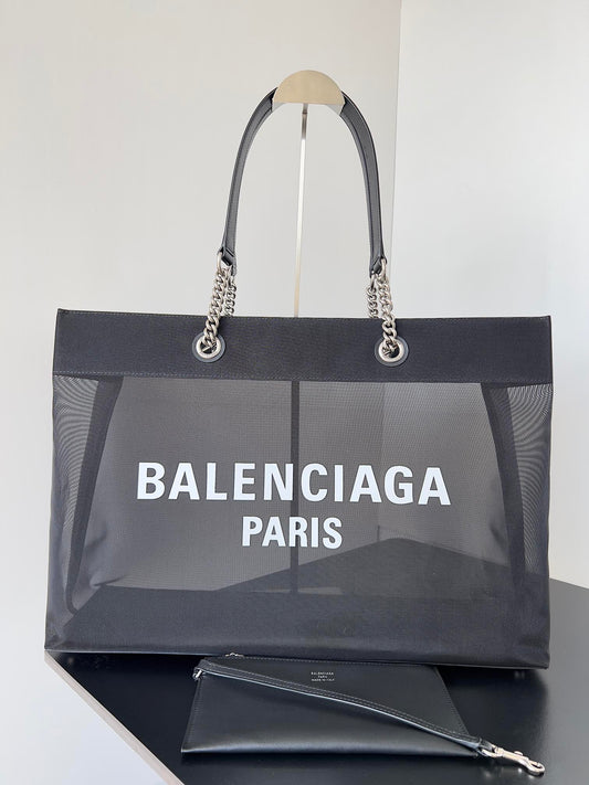 Black Mesh Tote Bag with Chain Handles & Pouch