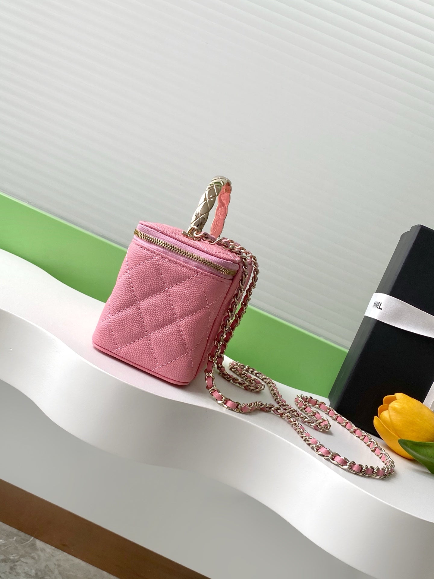 Pink Quilted Mini Crossbody Bag with Chain Strap & Mirror