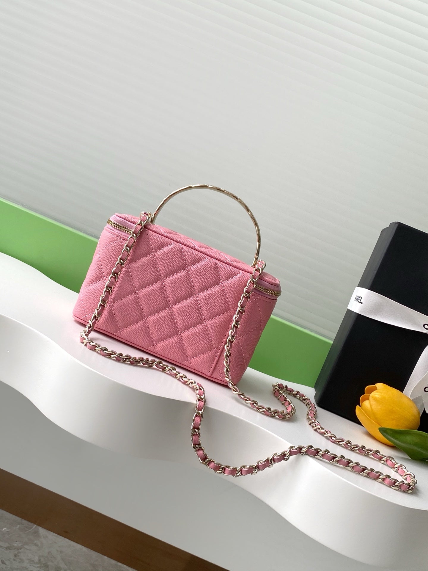 Pink Quilted Mini Crossbody Bag with Chain Strap & Mirror
