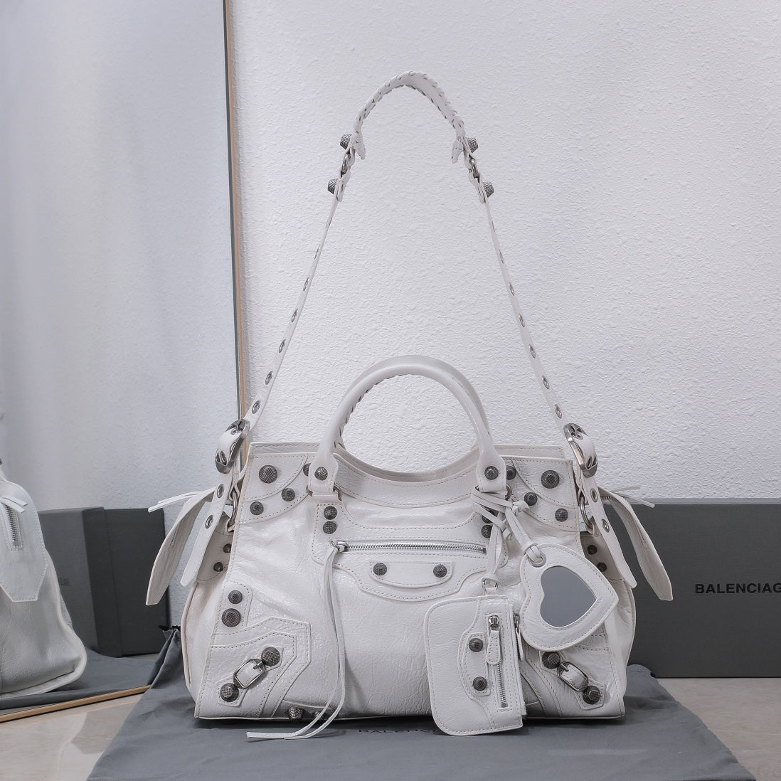 Balenci White Studded Shoulder Bag with Heart Mirror Charm
