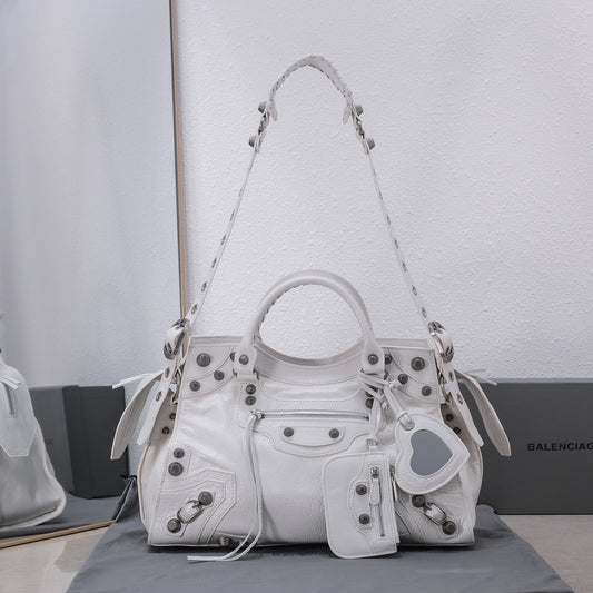 Balenci White Studded Shoulder Bag with Heart Mirror Charm