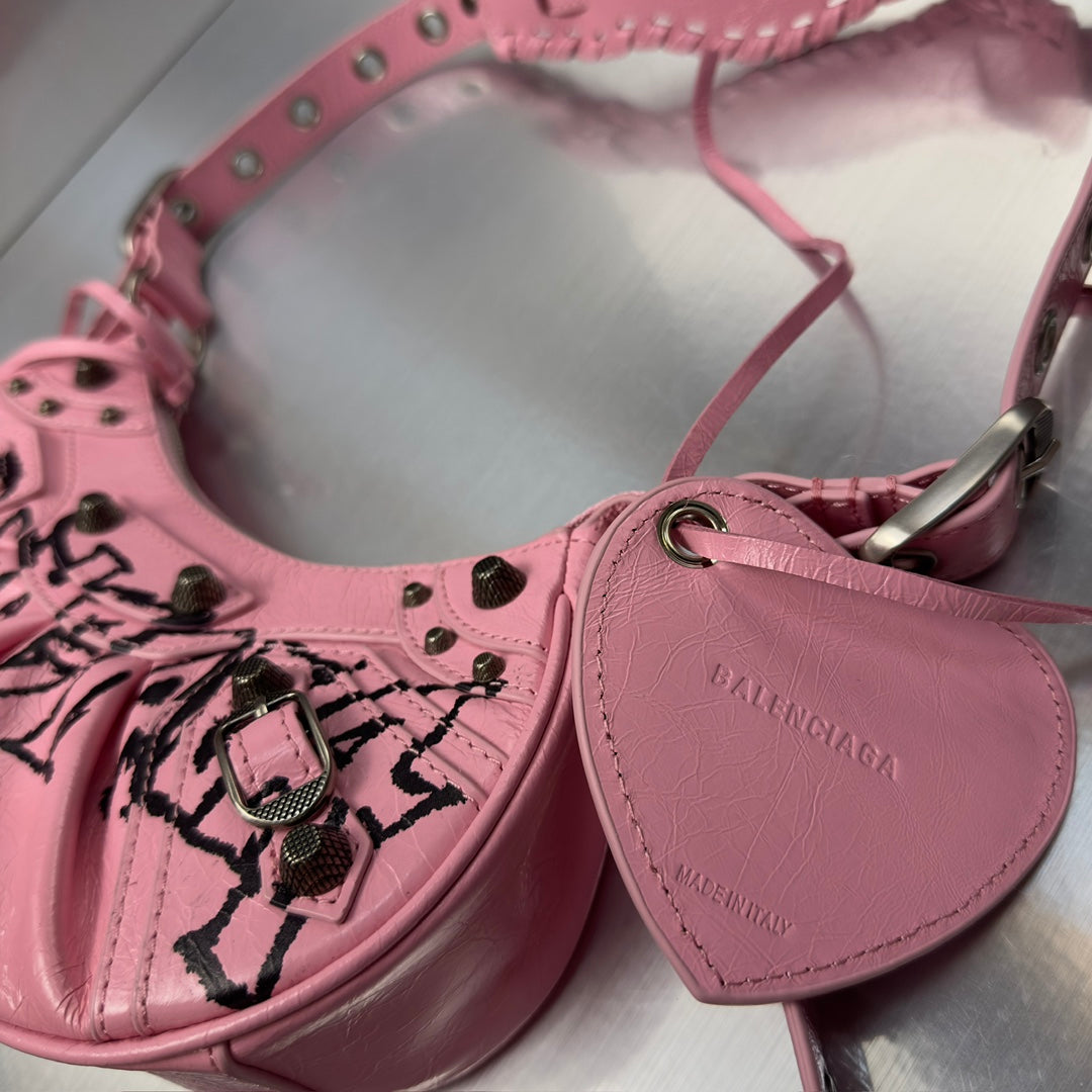Pink Graffiti-Style Shoulder Bag with Heart Charm