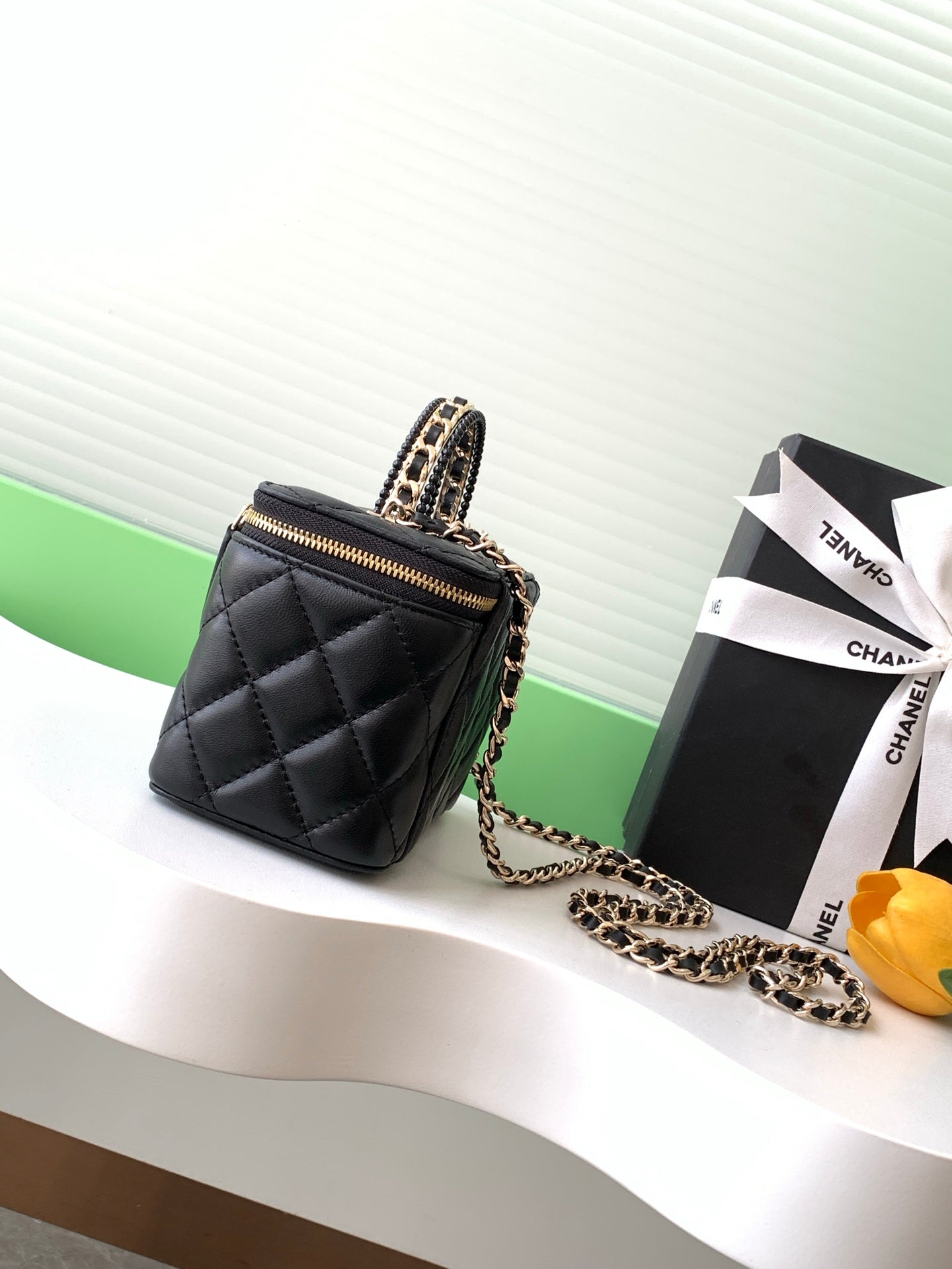 Black Quilted Mini Crossbody Bag with Chain Strap & Mirror