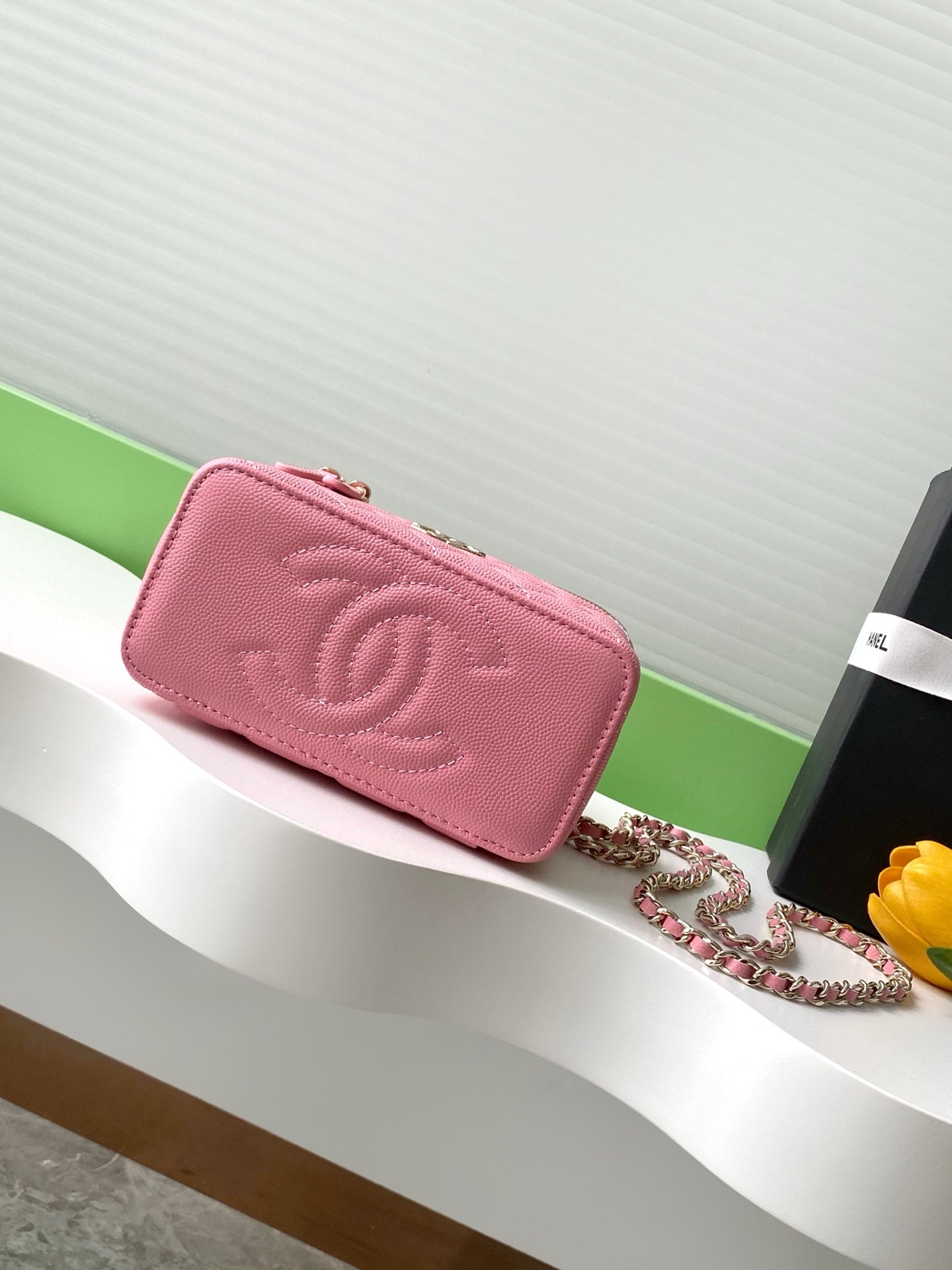 Pink Quilted Mini Crossbody Bag with Chain Strap & Mirror