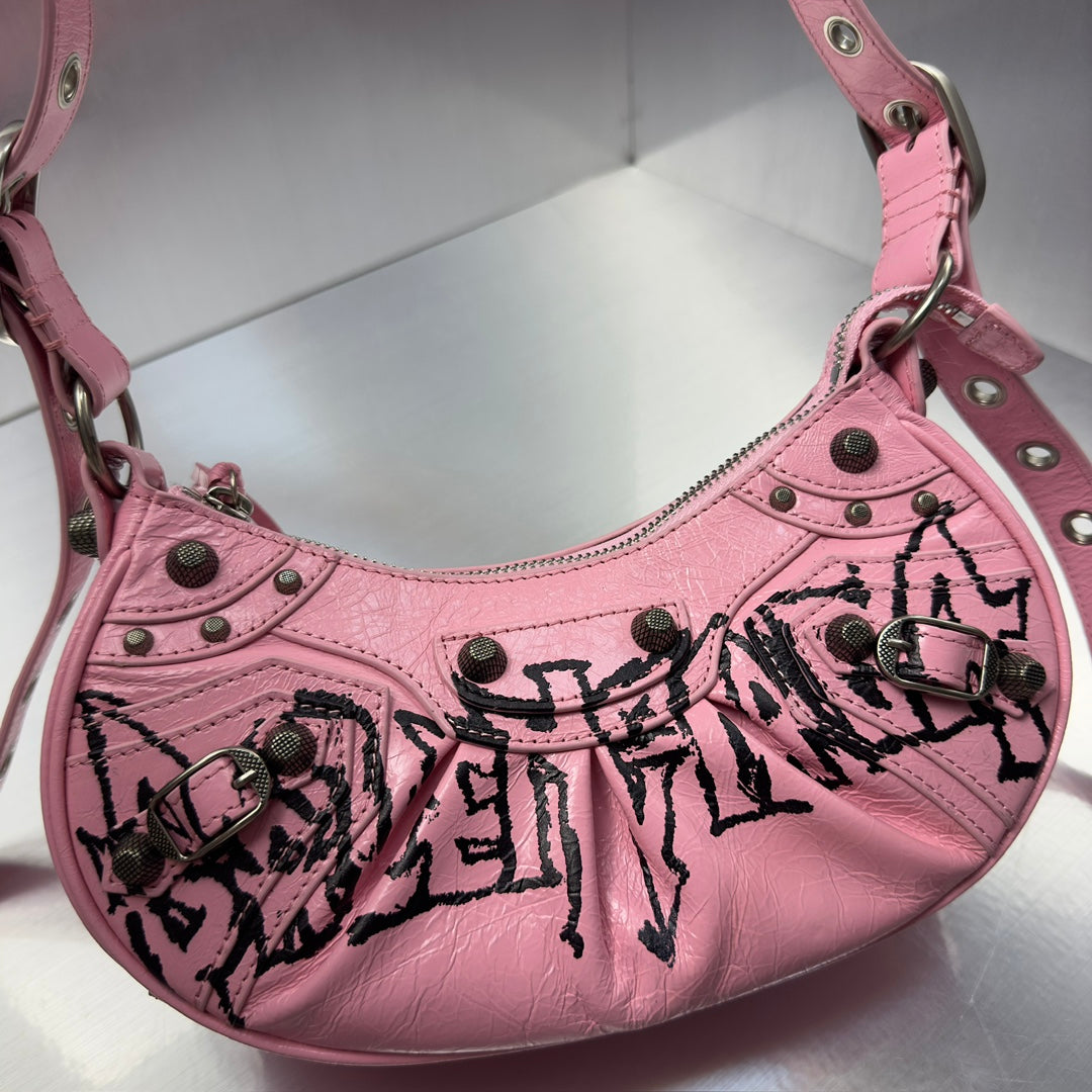 Pink Graffiti-Style Shoulder Bag with Heart Charm