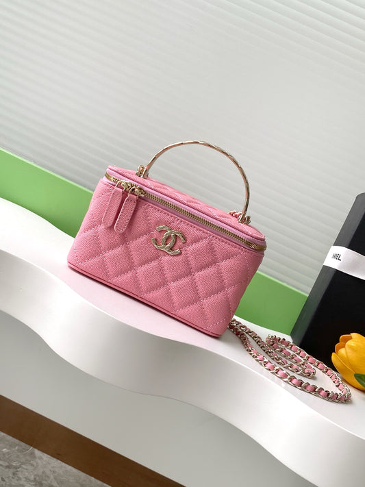 Pink Quilted Mini Crossbody Bag with Chain Strap & Mirror