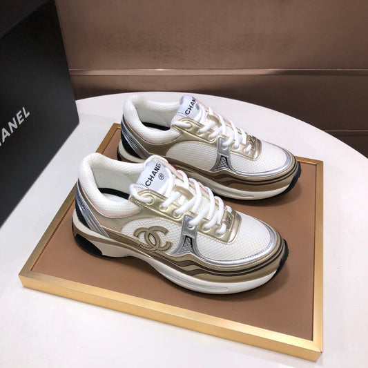 C runners, White & Gold Luxury Mesh Sneakers