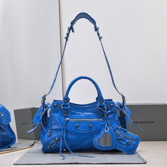 Blue Studded Shoulder Bag with Heart Mirror Charm